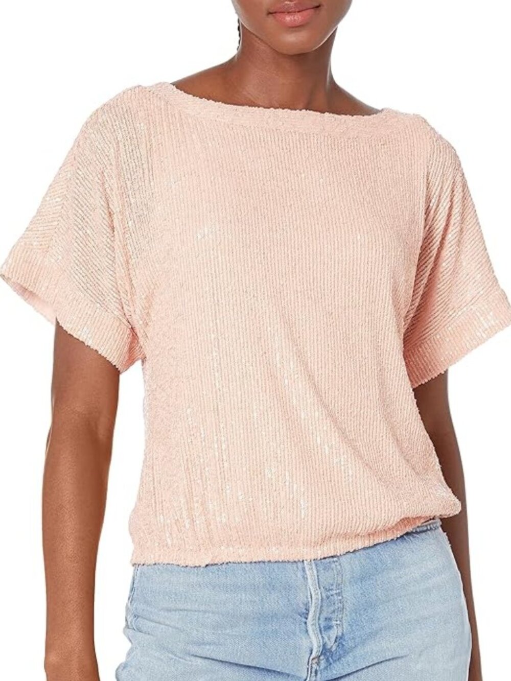 Trina Turk Sequin Knit Top S Blush Boatneck Blouson NWT $248